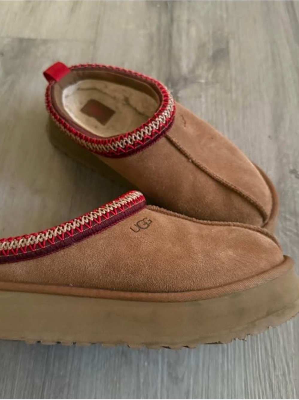 UGG Tan Suede Slip-On Slippers with Red Trim